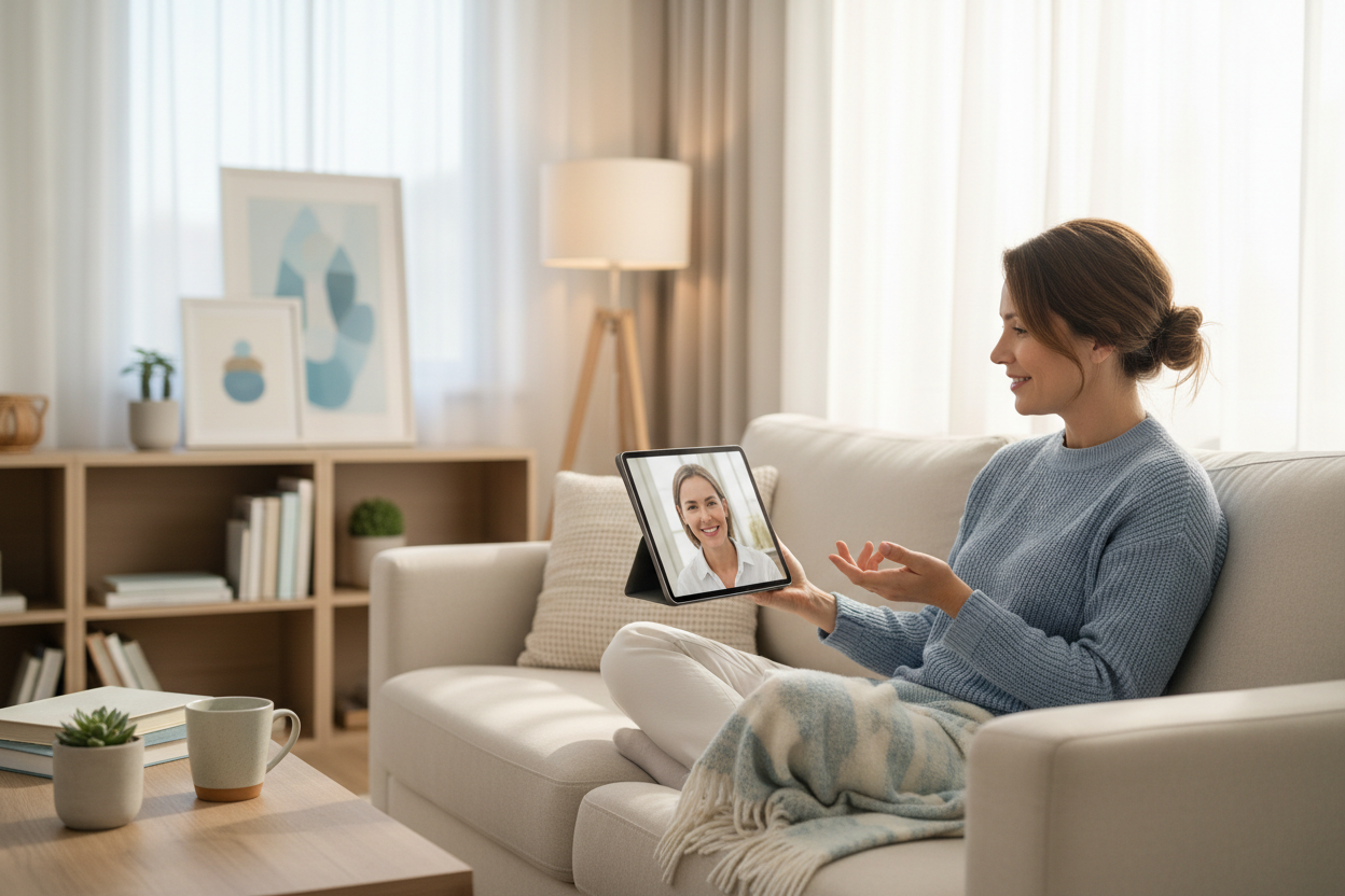 mujere en terapia psicologica virtual